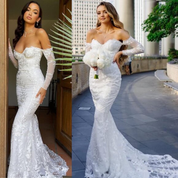 House of CB Isabelle White Lace Off Shoulder Long‎ Sleeve Wedding Dress Gown M - Picture 2 of 15